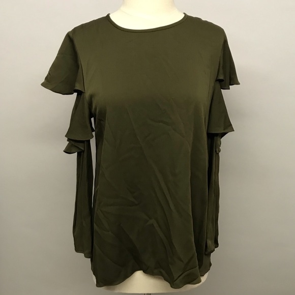 NWT halston olive green ruffle sleeve blouse - Picture 2 of 5